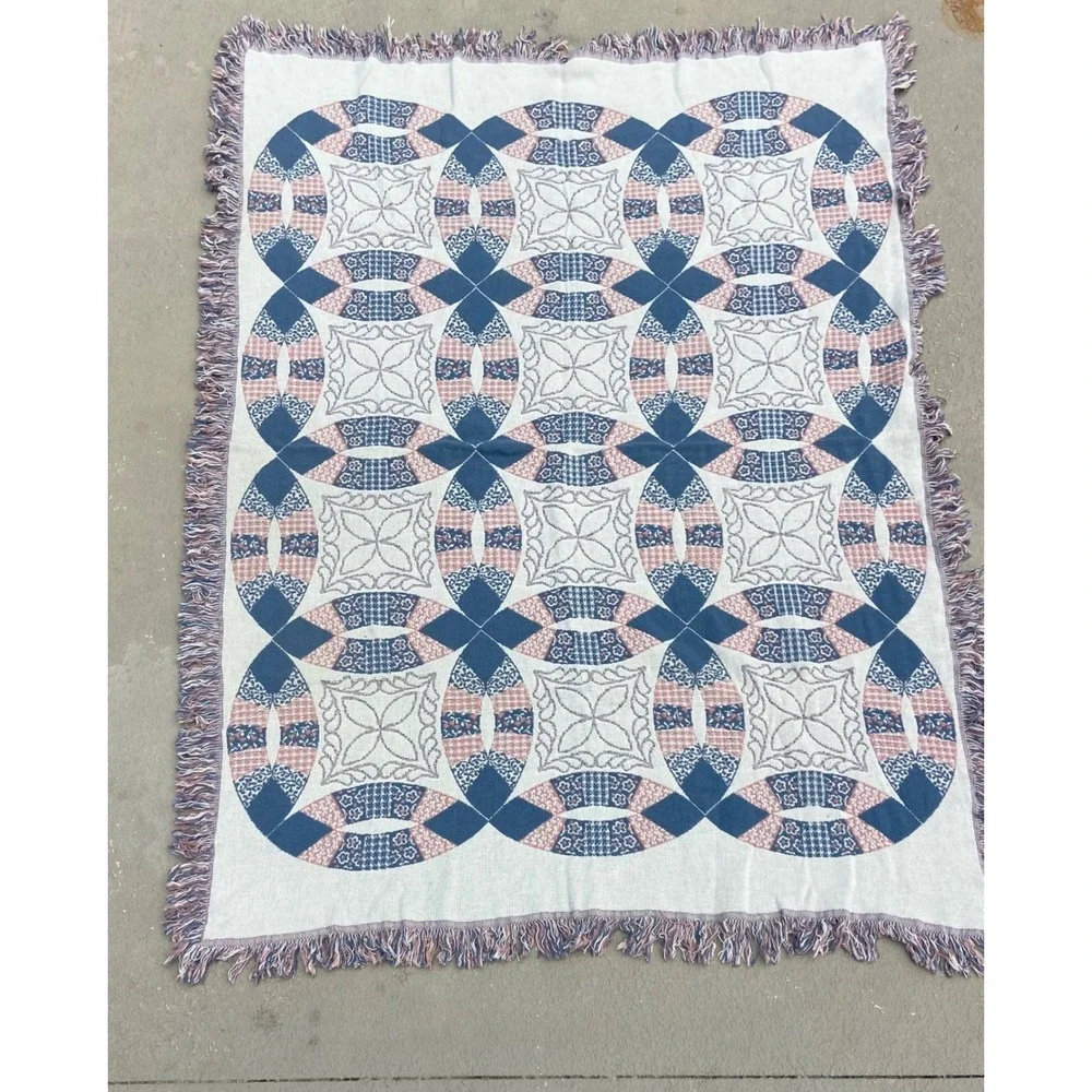 Goodwin Weavers Double Wedding Ring Woven Throw Blanket Reversible Pink Blue 70